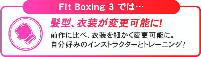 Fit Boxing 3 では… 髪型、衣装が変更可能に！ 前作に比べ、衣装を細かく変更可能に。自分好みのインストラクターとトレーニング！と記載された、ピンクの枠線とボクシンググローブのアイコン付きの紹介用バナー画像