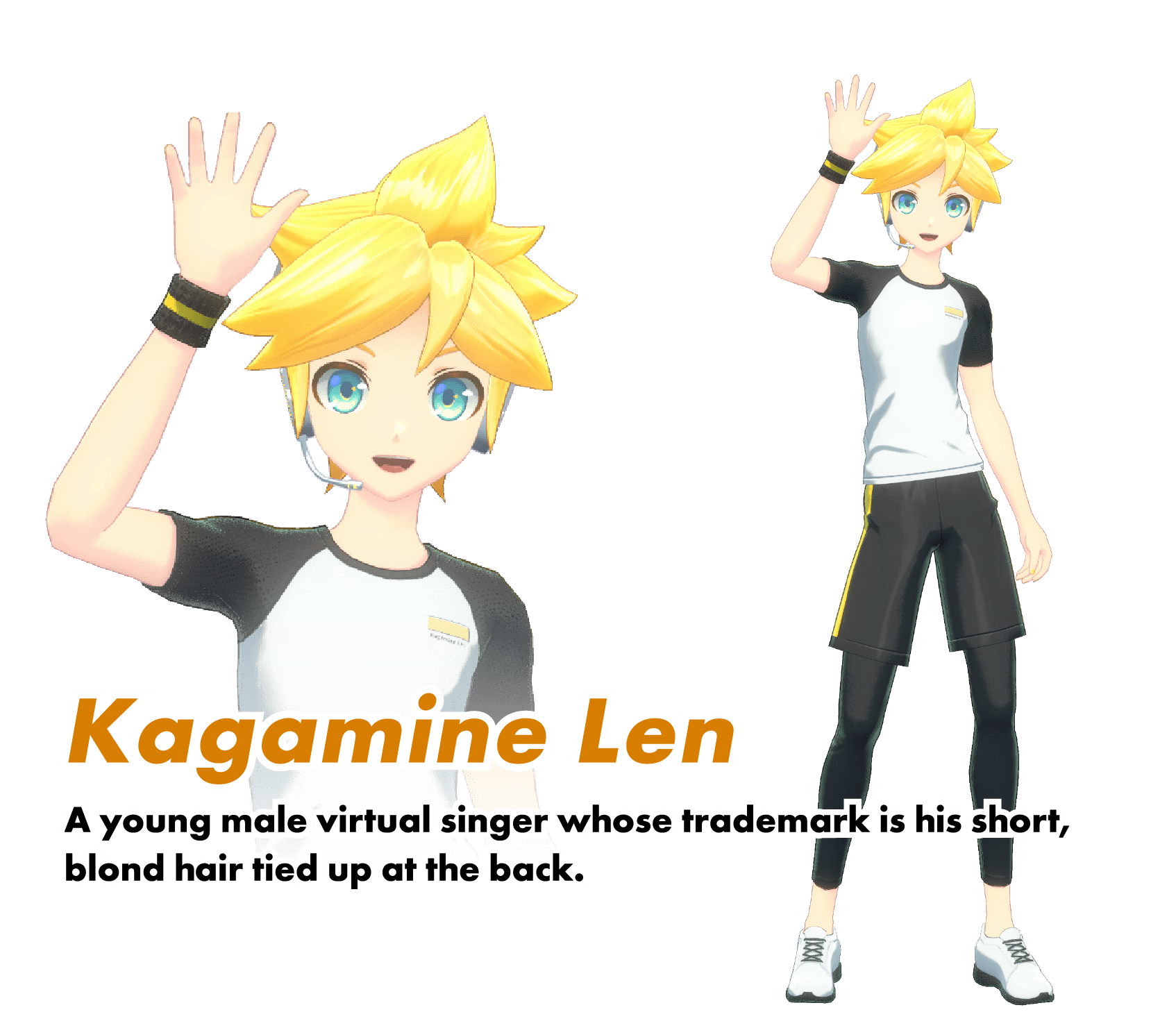 Kagamine Len:A young male virtual singer whose trademark is his short,blond hair tied up at the back.