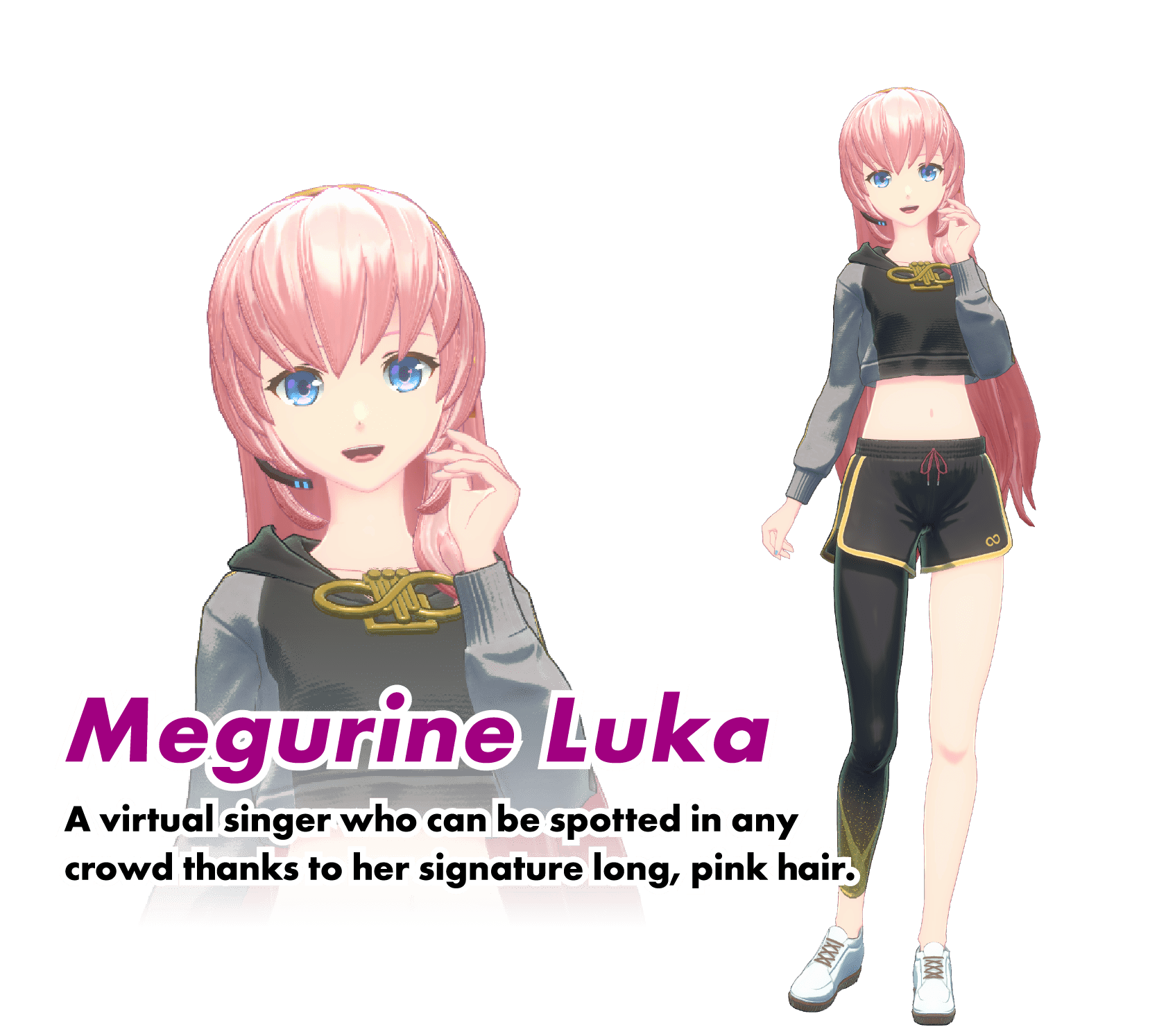 Megurine Luka:A virtual singer who can be spotted in any crowd thanks to her signature long, pink hair.