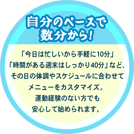 自分のペースで数分から！「今日は忙しいから手軽に10分」「時間がある週末はしっかり40分」など、その日の体調やスケジュールに合わせてメニューをカスタマイズ。運動経験のない方でも安心して始められます。